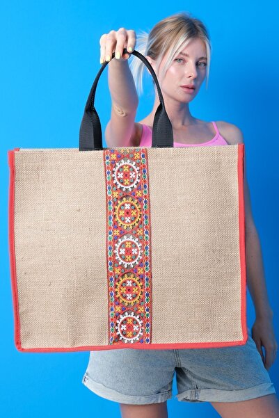 QUTBAG Ethnic Patterned Jute Beach Bag