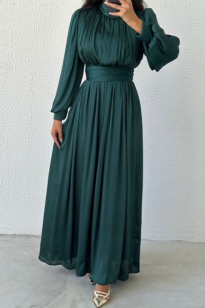 LEYUZE BUTİK Πράσινο κομψό βραδινό φόρεμα Hijab με λεπτή πλισέ οργάντζα