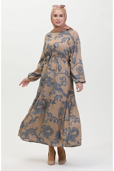 sefamerve Gray Patterned Skirt Gathered Dress - 0451-03
