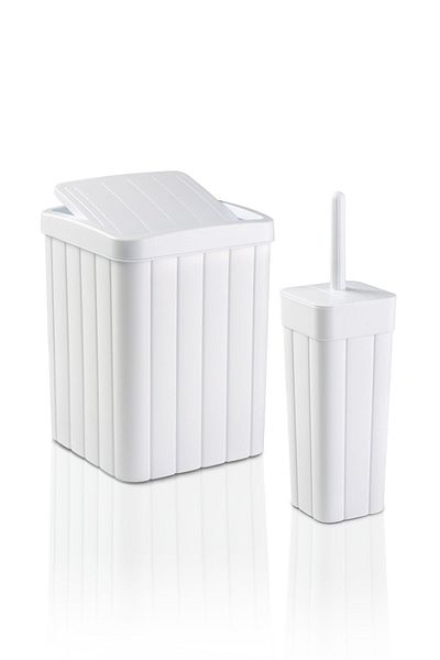 plastyol 2-piece Bathroom Set - 10l White Waste Bin with Flap and Wc Brush Holder