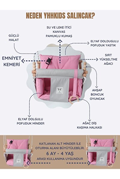 YHH Kids Swingee Emniyet Kemerli Bebek Salıncak Ağaç Salıncak Pembe