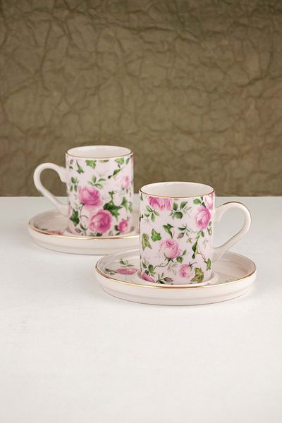 Bursa Porselen Dekor Coffee Color Pink Ivy Gold Cup Set for 2 People