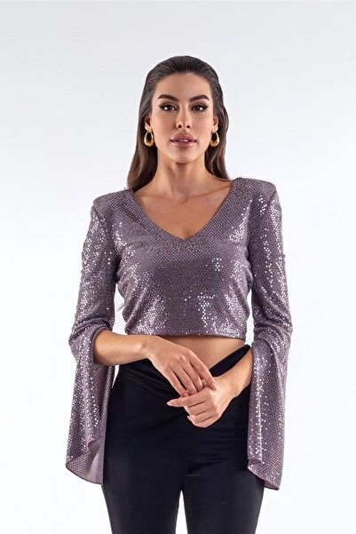 LorraJo Vatkalı Kol Yırtmaçlı Lila Pul Varaklı Buzı Crop Top