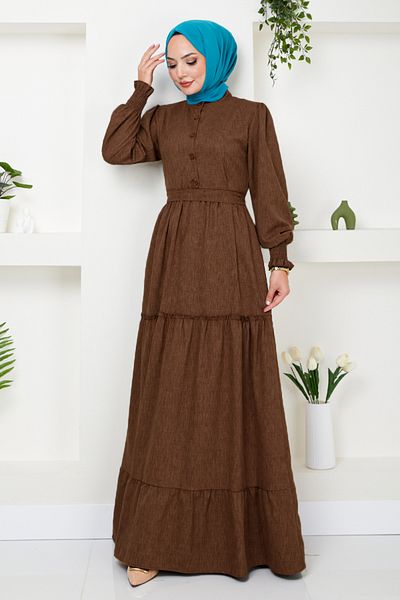 ModaMerve Brown Linen Dress - Frilly Skirt 4719ZNK903-M