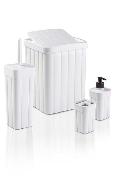 plastyol 4-piece White Bathroom Set - 10l Waste Bin with Flap, Wc Brush and Toothbrush Holder - Liquid Soap Dispenser Included