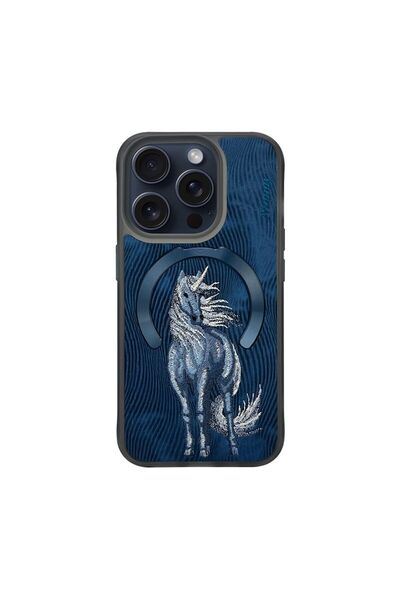 Nimmy İphone 15 Pro Max Magsafe Uyumlu Unicorn Nakış Işlemeli Mavi Telefon Kı...