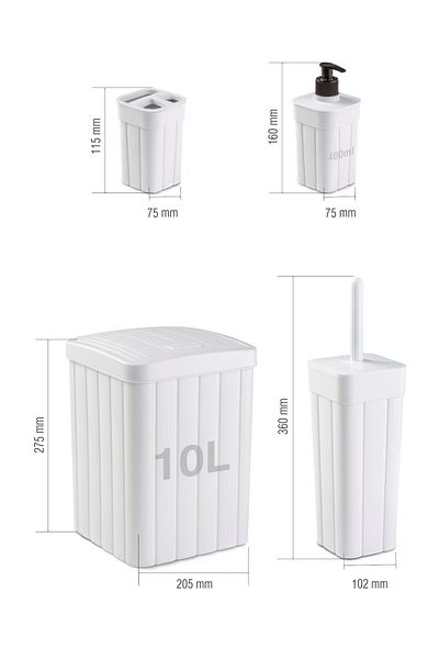 plastyol 4-piece White Bathroom Set - 10l Waste Bin with Flap, Wc Brush and Toothbrush Holder - Liquid Soap Dispenser Included
