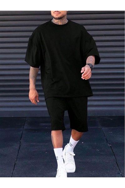 NO 601 Men's Wide Fit BLACK STRAIGHT Oversize T-shirt + Summer Combed Cotton BLACK STRAIGHT Shorts Set