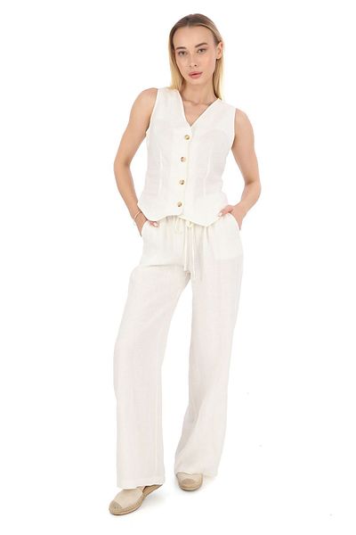 le mardi White Women's Linen V-Neck Vest and Trousers Set - 100%