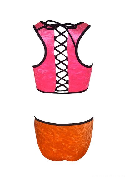 LOOK ME Nessi Byrd 50uv Μπικίνι για κορίτσια - Ροζ-πορτοκαλί με λουράκια ώμου, βελούδο, σταυρωτό δέσιμο και λεπτομέρεια στην πλάτη
