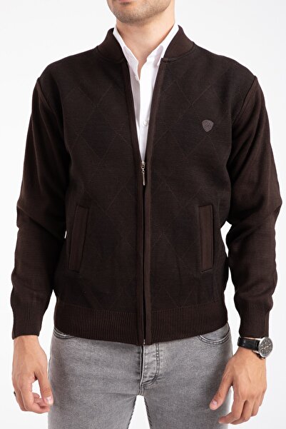 Mutlu City Men's Middle Age and Above Knitwear Knitted Acrylic Zippered Winter Dad Cardigan 2068-brown Color