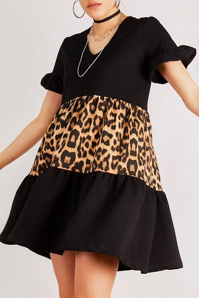 TRQOM Rochie de damă cu volan cu volan leopard negru