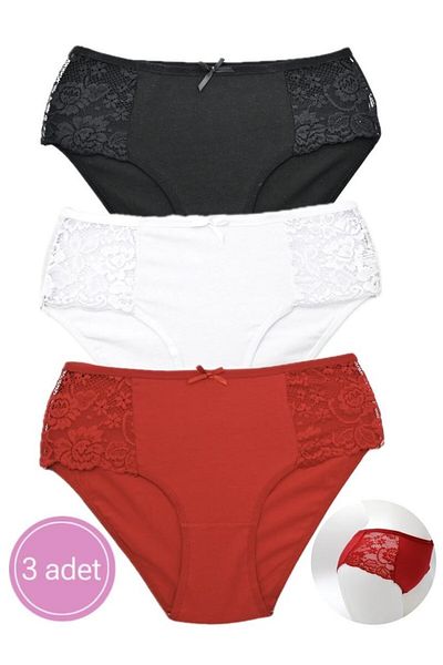 DONLİZZA Black White Red Side Lace Panties - 3 Pieces