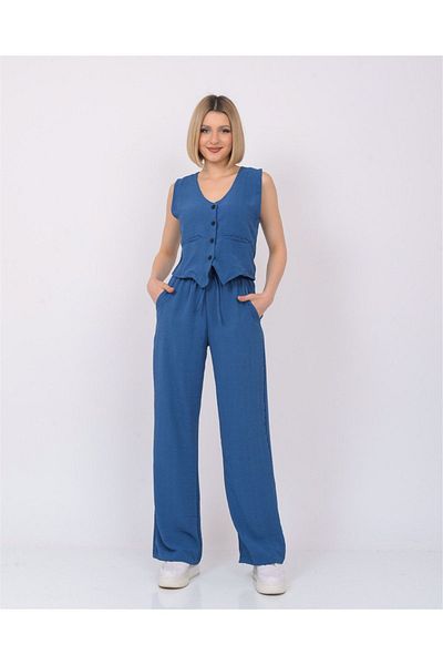 Nuseel Women's Linen Fabric Vested Double Set Indigo