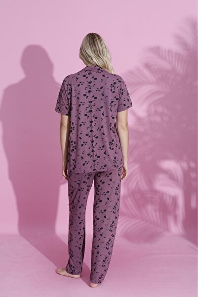 PİJAMOOD Kadın Baskılı Kısa Kollu Pamuklu Önden Düğmeli  Pijama Takımı