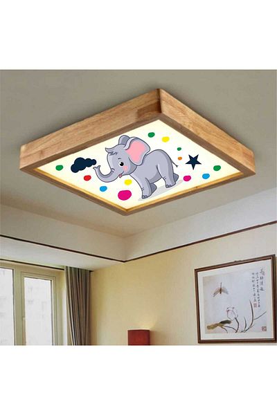Dekor olsun 30*30cm White Wooden Frame - Led Lighting, Kids Elephant, 6500K Light