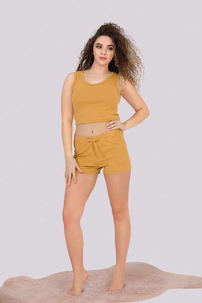 MyBen Mustard Colored Thick Strap Women's Pajama Set with Shorts 307