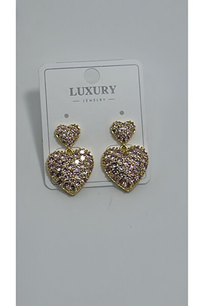 By Semra LUXURY VİP SERİ PEMBE ZİRKON TAŞLI KALP MODEL ÇELİK KÜPE