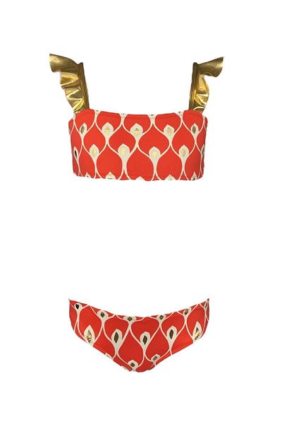 LOOK ME Red Gold Ruffle Detailed 50Uv Girl's Bikini Strap Suit - Nessi Byrd
