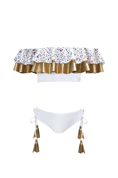 LOOK ME Gold Ve Simli Fırfırlı Ipli Püsküllü Beyaz 50uv Kız Çocuk Bikini Takı...