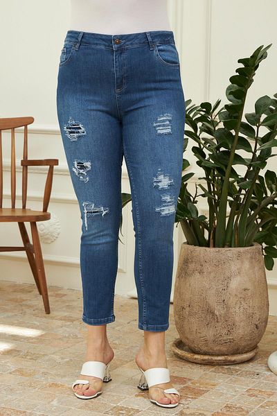 RMG Γυναικείο καλοκαιρινό τζιν παντελόνι Ripped Plus Size 1277-kim. Μπλε