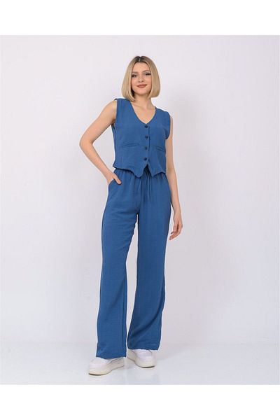 Nuseel Women's Linen Fabric Vested Double Set Indigo