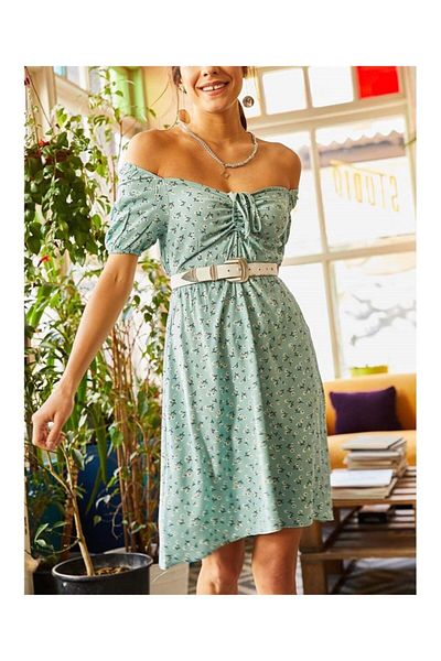 TRQOM Green Gathered Elastic Waist Women's Dress