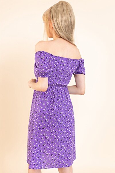 TRQOM Kadın Lila Önü Büzgülü Beli Lastikli Elbise