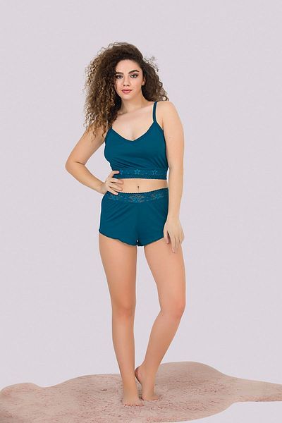 MyBen Set de pijamale de damă, culoare petrol, cu detaliu din dantelă deasupra burticii și pantaloni scurți cu bretele 341