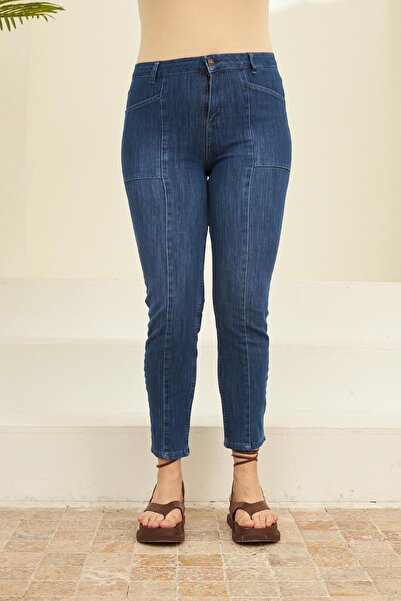RMG Önü Parçalı Büyük Beden Mavi Kot Pantolon