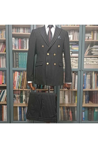 Querinca Black Striped Double Breasted Slim Fit Suit (With Tie and Collar Ornament Gift)