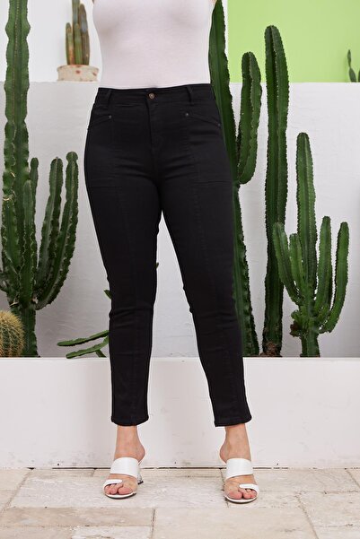RMG Önü Parçalı Büyük Beden Siyah Kot Pantolon