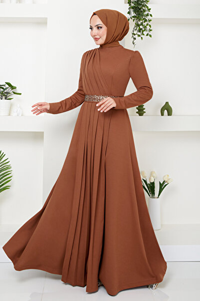 ModaMerve Stone EMbroidered Belted Dress - 278DVL897-M Tan