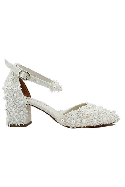 İLGİPARK Kadın Ekru Çiçekli Sedef Bantlı Kısa Topuklu Gelinlik Ayakkabısı