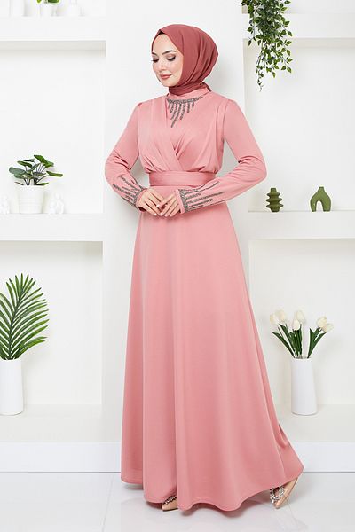 ModaMerve Βραδινό φόρεμα Dusty Rose Draped Belted - 267DVL897-M