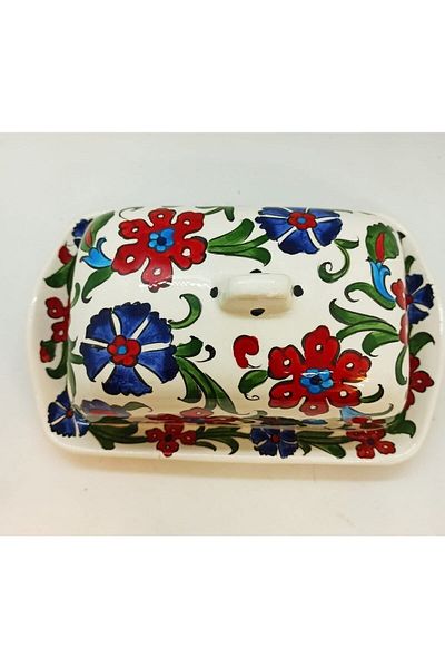 Dost Art Hediyelik Handmade Brush Painting Tile Butter Bowl with Lid