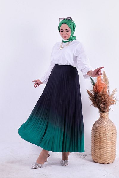 HMT ZEHRA GİYİM Fustă de vară plisată verde smarald - de tranziție, lungime 90 cm (potrivire evazată)