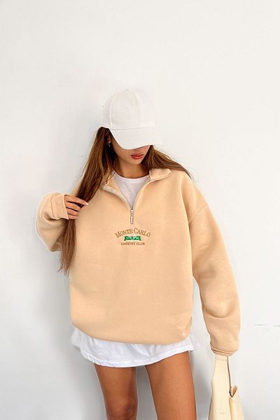 Sun Victoria Unisex Κρεμ γιακάς Oversize 3 νήματα χτενισμένο βαμβακερό ράστερ κεντημένο φούτερ