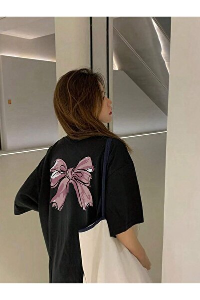 PALPİTO Crna Oversize kroj T-shirt - Cresh vrpca Štampano