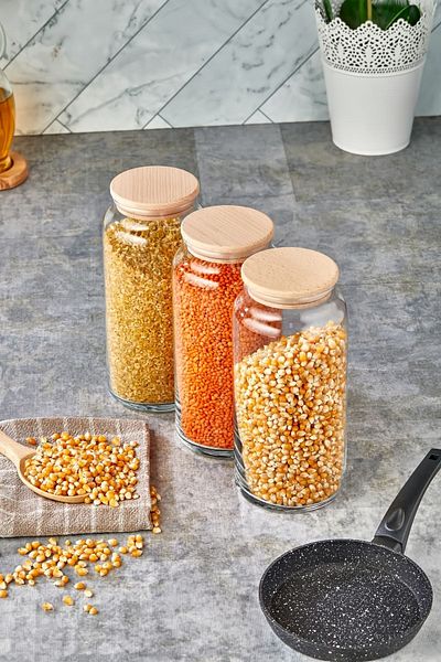 FBZhome 3-Piece Glass Jar with Wooden Lid 1300ml