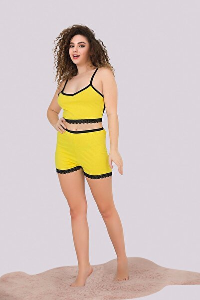 MyBen Yellow Colored Lace Detailed Women's Pajama Set with Strappy Shorts 311