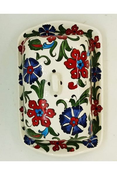 Dost Art Hediyelik Handmade Brush Painting Tile Butter Bowl with Lid