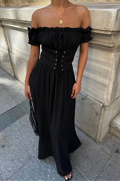 Eka Black Corset Detailed Women's Dress - 1026-0014
