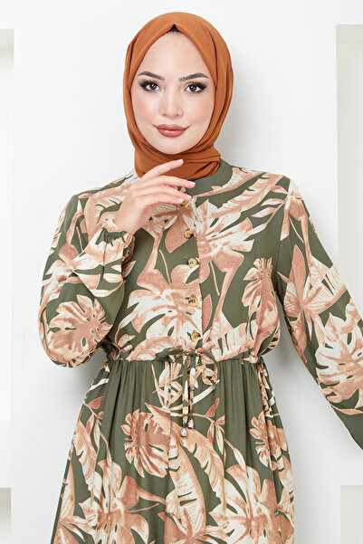 ModaMerve KHaki Patterned Viscose Dress - 2351BGS895-M
