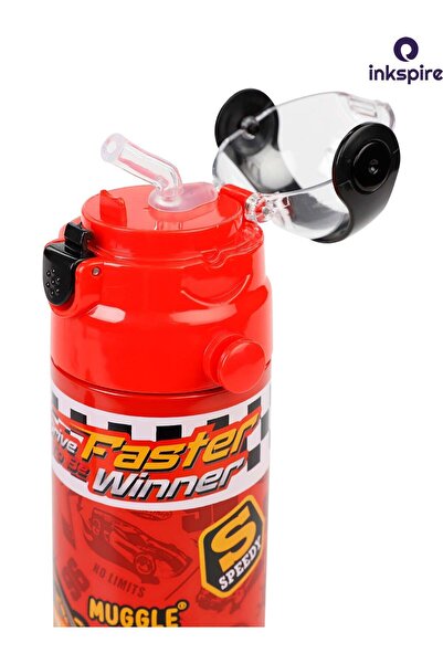 inkspire Boy's 550 ml Steel Water Bottle with Strap Straw and Odorless Lockable Lid