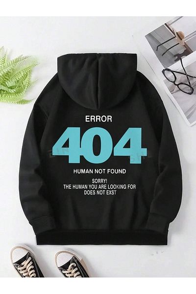 PALPİTO Hanorac negru cu glugă, cu 3 fire, imprimat Error 404, pentru femei