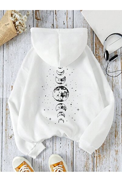 PALPİTO Hanorac unisex cu glugă, cu imprimeu cu lună albă, cu 3 fire