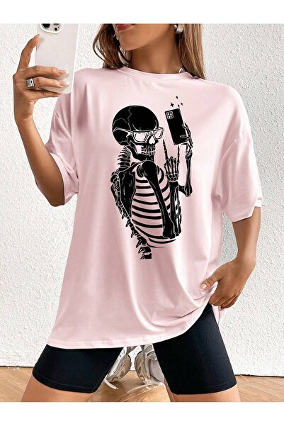 MODAVİBE Moda Vibe - Tricou oversize pentru femei, cu imprimeu cu schelet