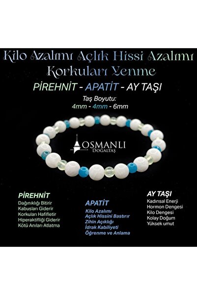 OSMANLI DOĞAL TAŞ Zayıflama Açlık Bastırma Bilekliği - Ay Taşı - Prehnit - Ap...