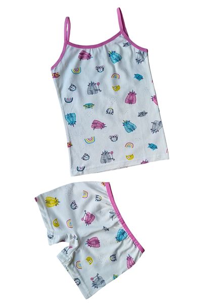 elmas kids Cat and Rainbow Patterned Girl's Cotton Undershirt and Boxer Set